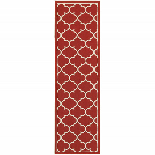 HomeRoots 2' x 8' Red and Ivory Trellis Indoor Outdoor Runner Rug
