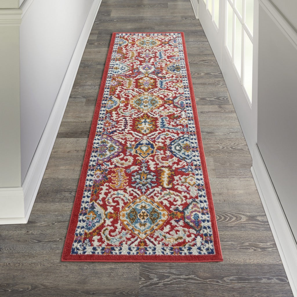 HomeRoots 2' x 8' Red and Multicolor Decorative Runner Rug