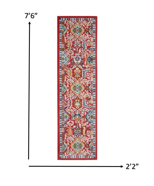 HomeRoots 2' x 8' Red and Multicolor Decorative Runner Rug