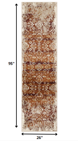 HomeRoots 2' x 8' Rust Ivory Distressed Diamonds Runner Rug