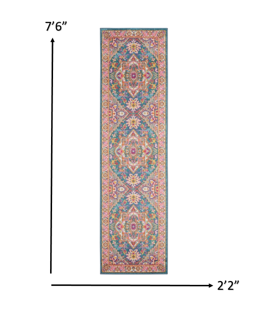 HomeRoots 2' x 8' Teal and Pink Medallion Runner Rug