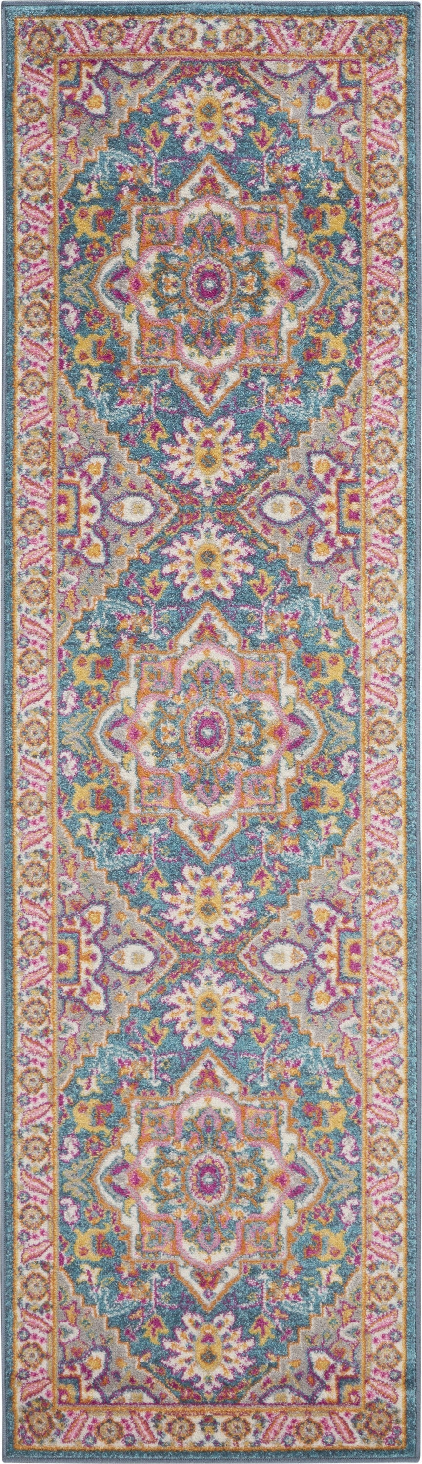 HomeRoots 2' x 8' Teal and Pink Medallion Runner Rug