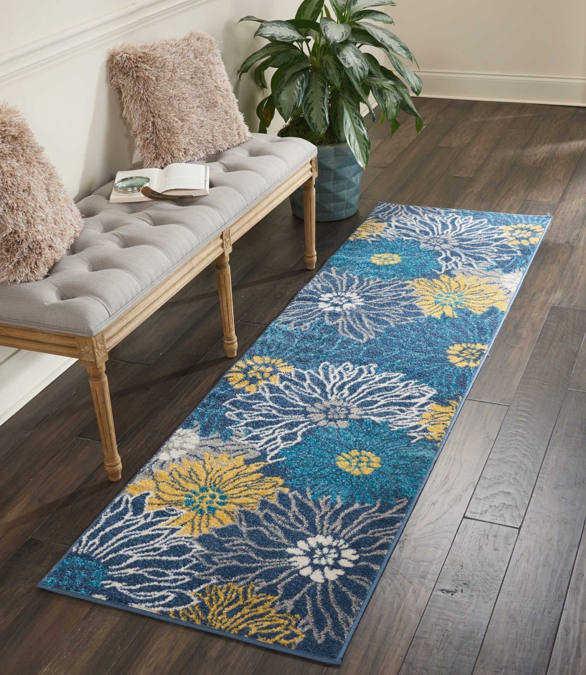 HomeRoots 2’ x 8’ Tropical Flower Runner Rug in Blue Finish