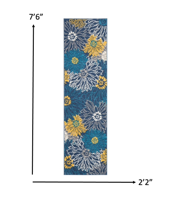 HomeRoots 2’ x 8’ Tropical Flower Runner Rug in Blue Finish