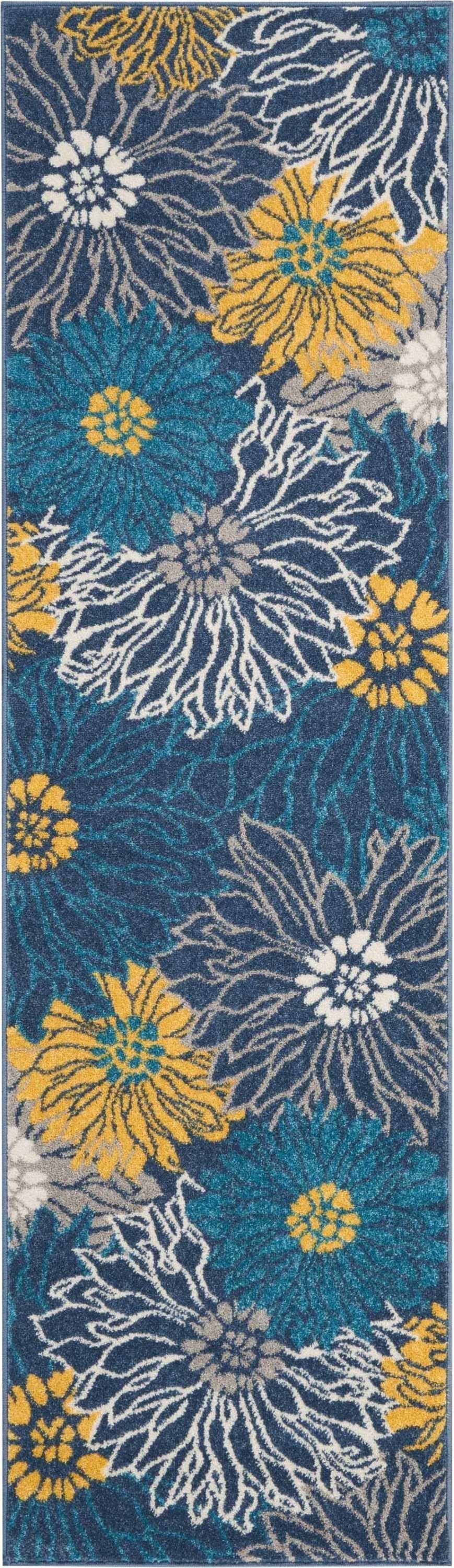 HomeRoots 2’ x 8’ Tropical Flower Runner Rug in Blue Finish