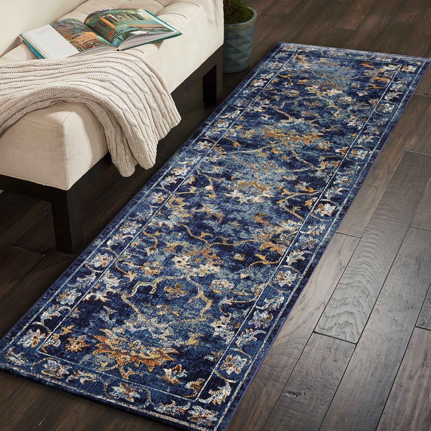 HomeRoots 2' x 9' Blue and Gold Jacobean Runner Rug