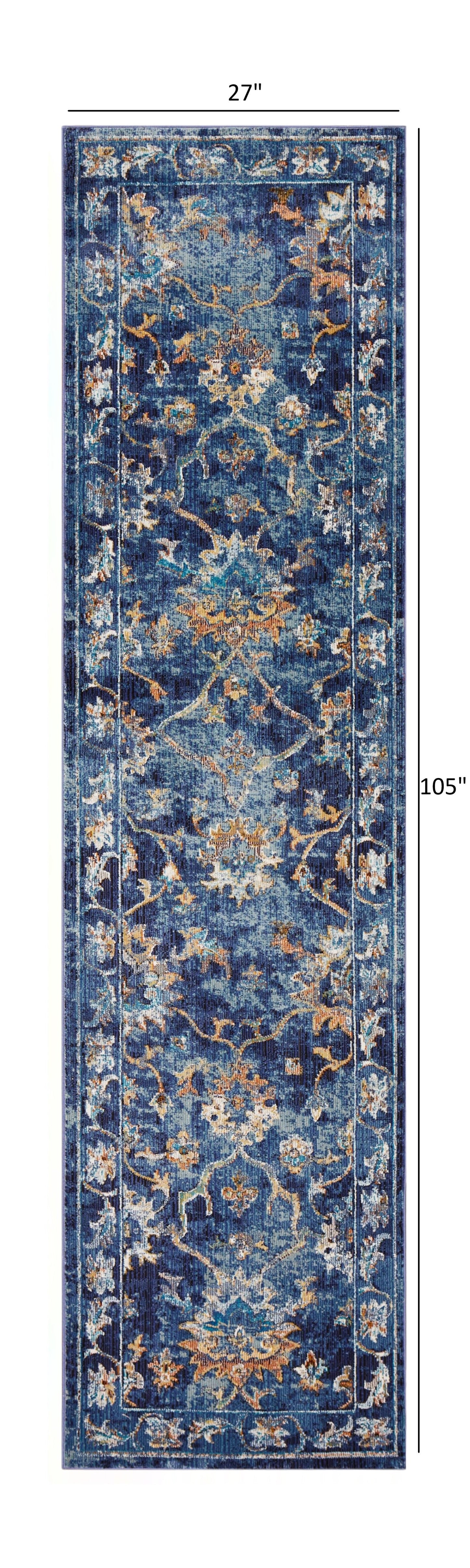 HomeRoots 2' x 9' Blue and Gold Jacobean Runner Rug