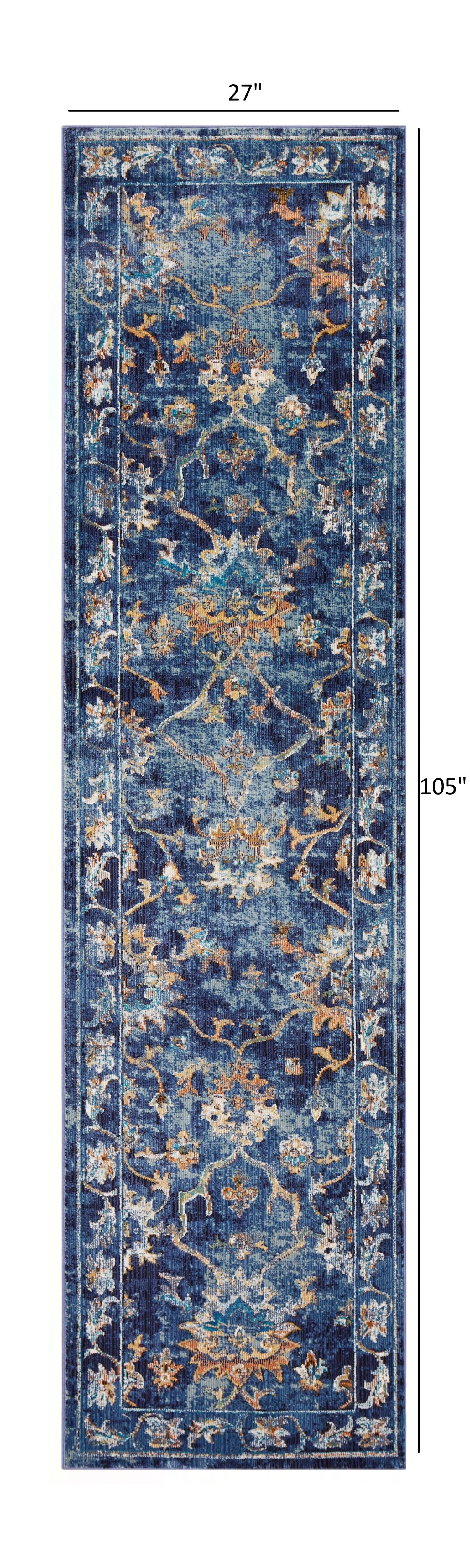 HomeRoots 2' x 9' Blue and Gold Jacobean Runner Rug