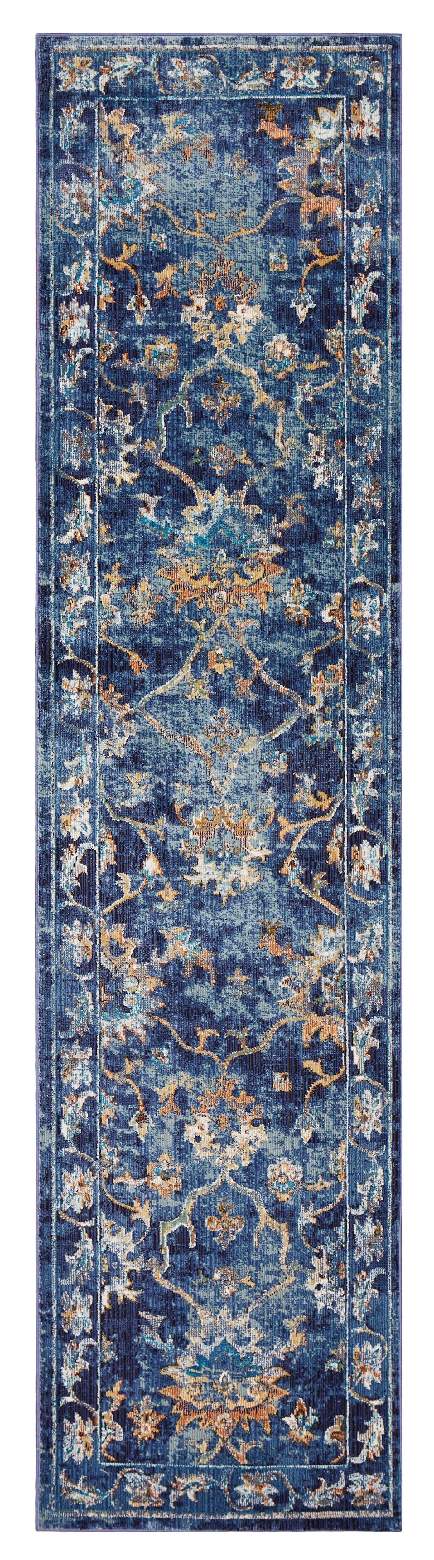 HomeRoots 2' x 9' Blue and Gold Jacobean Runner Rug