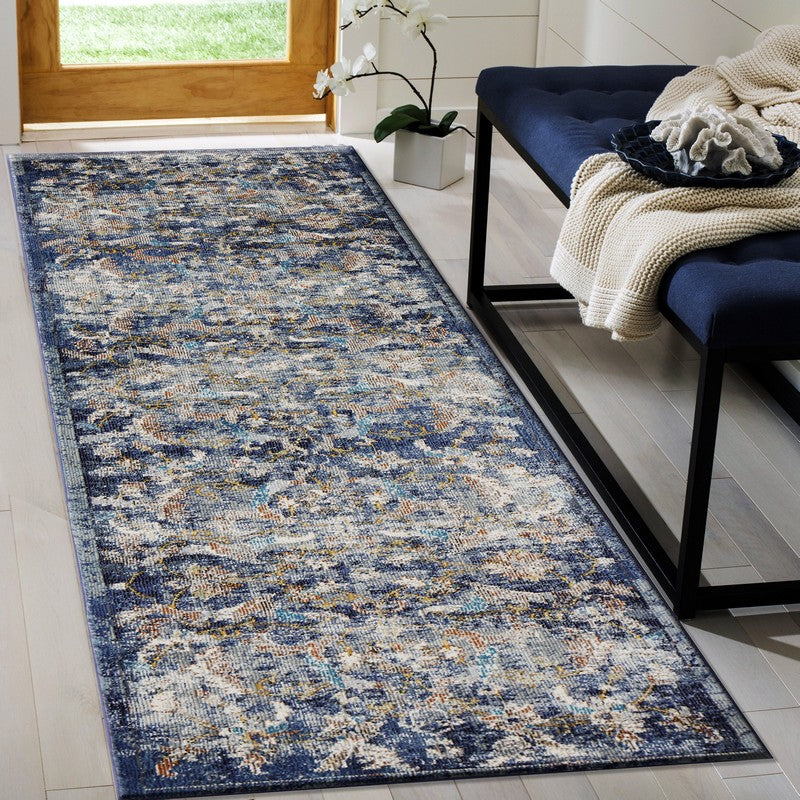 HomeRoots 2' x 9' Blue and White Jacobean Pattern Runner Rug