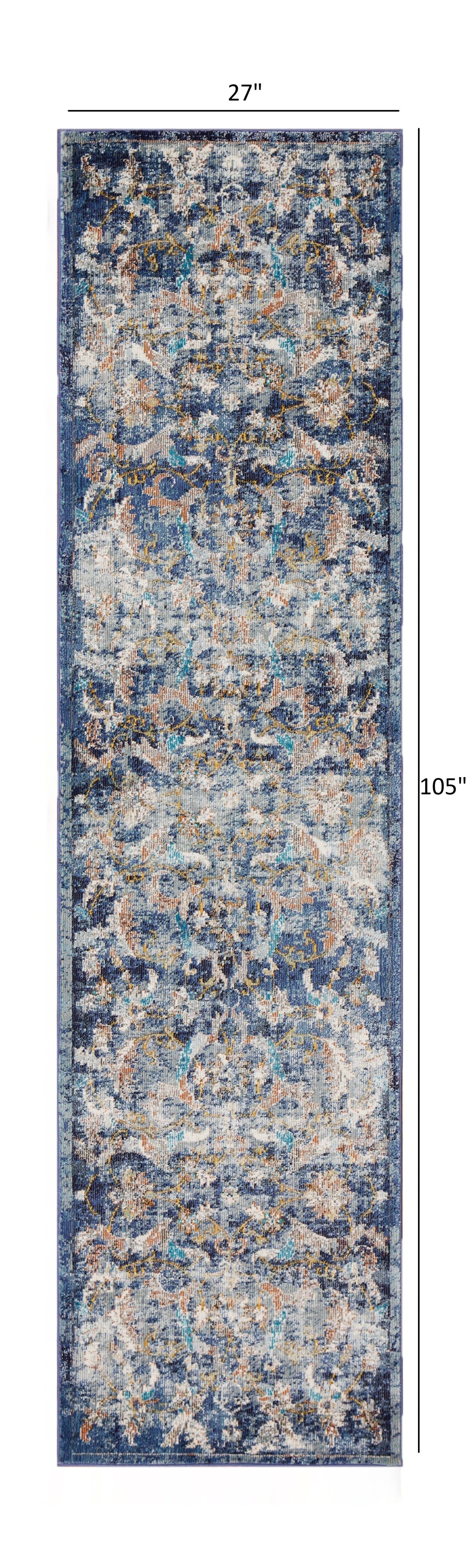 HomeRoots 2' x 9' Blue and White Jacobean Pattern Runner Rug