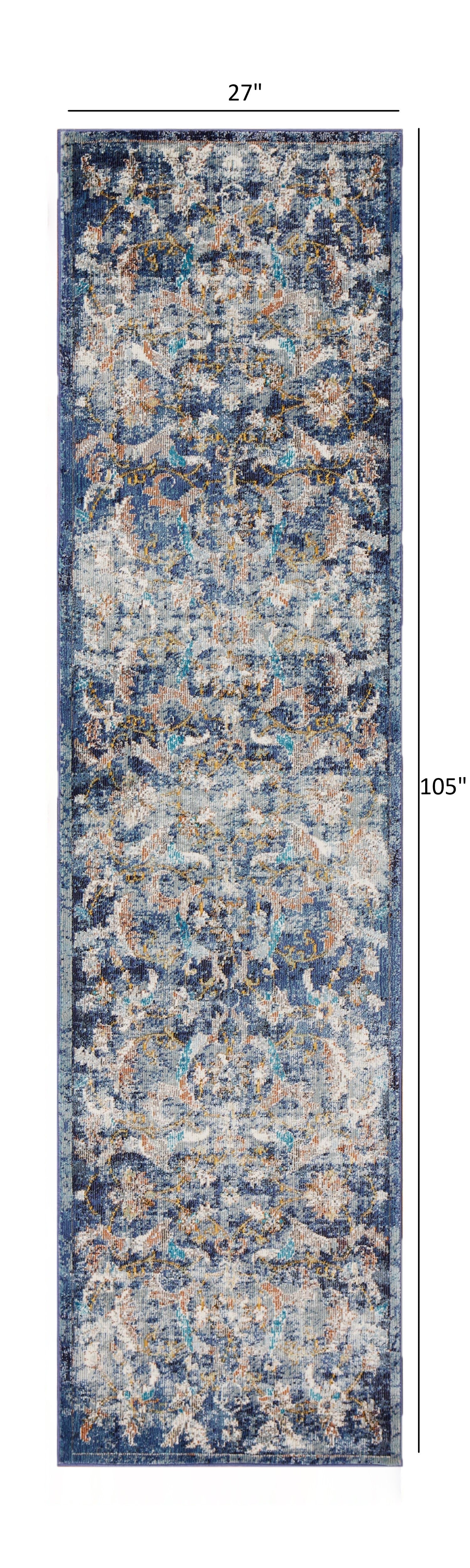 HomeRoots 2' x 9' Blue and White Jacobean Pattern Runner Rug
