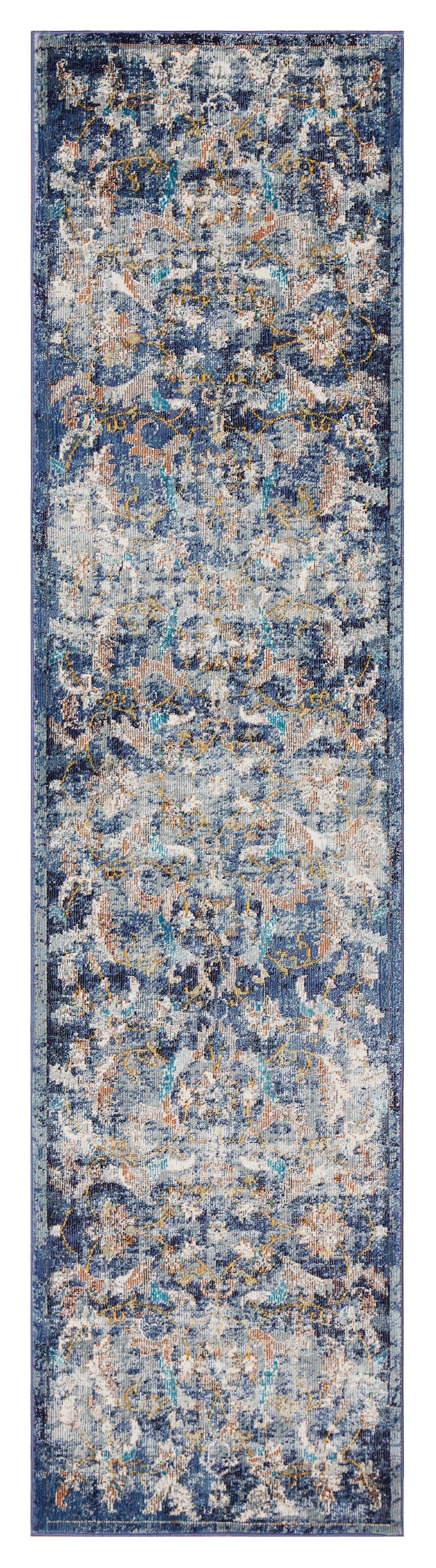 HomeRoots 2' x 9' Blue and White Jacobean Pattern Runner Rug