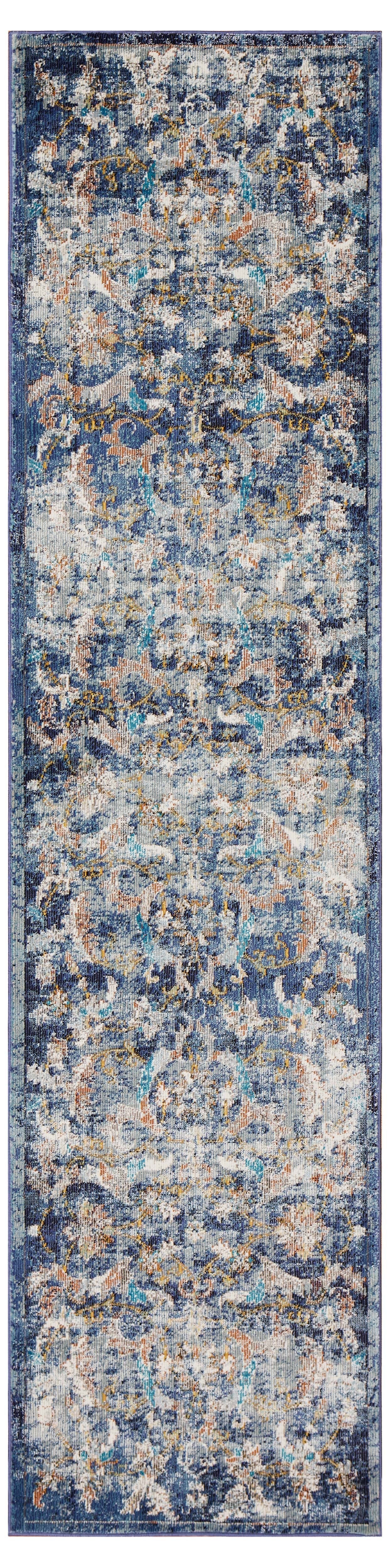 HomeRoots 2' x 9' Blue and White Jacobean Pattern Runner Rug