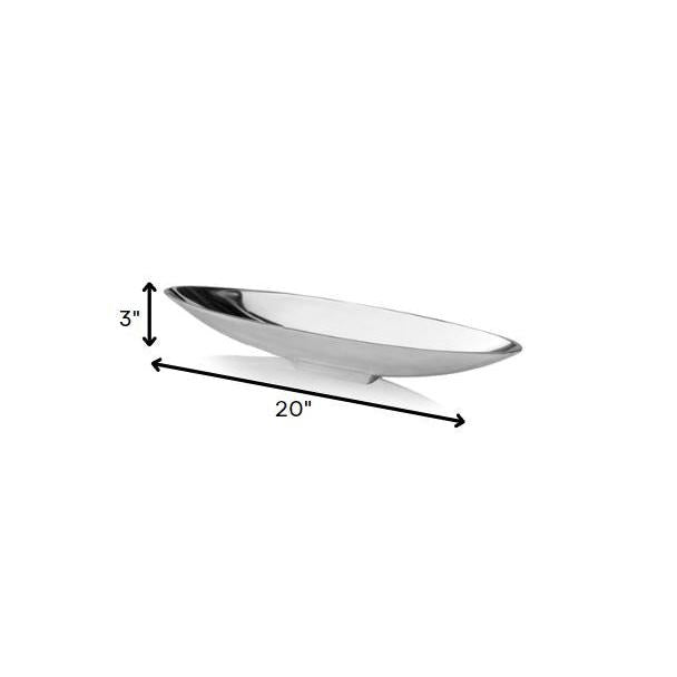 HomeRoots 20" Contemporary Short Boat Tray With Shiny Silver Finish