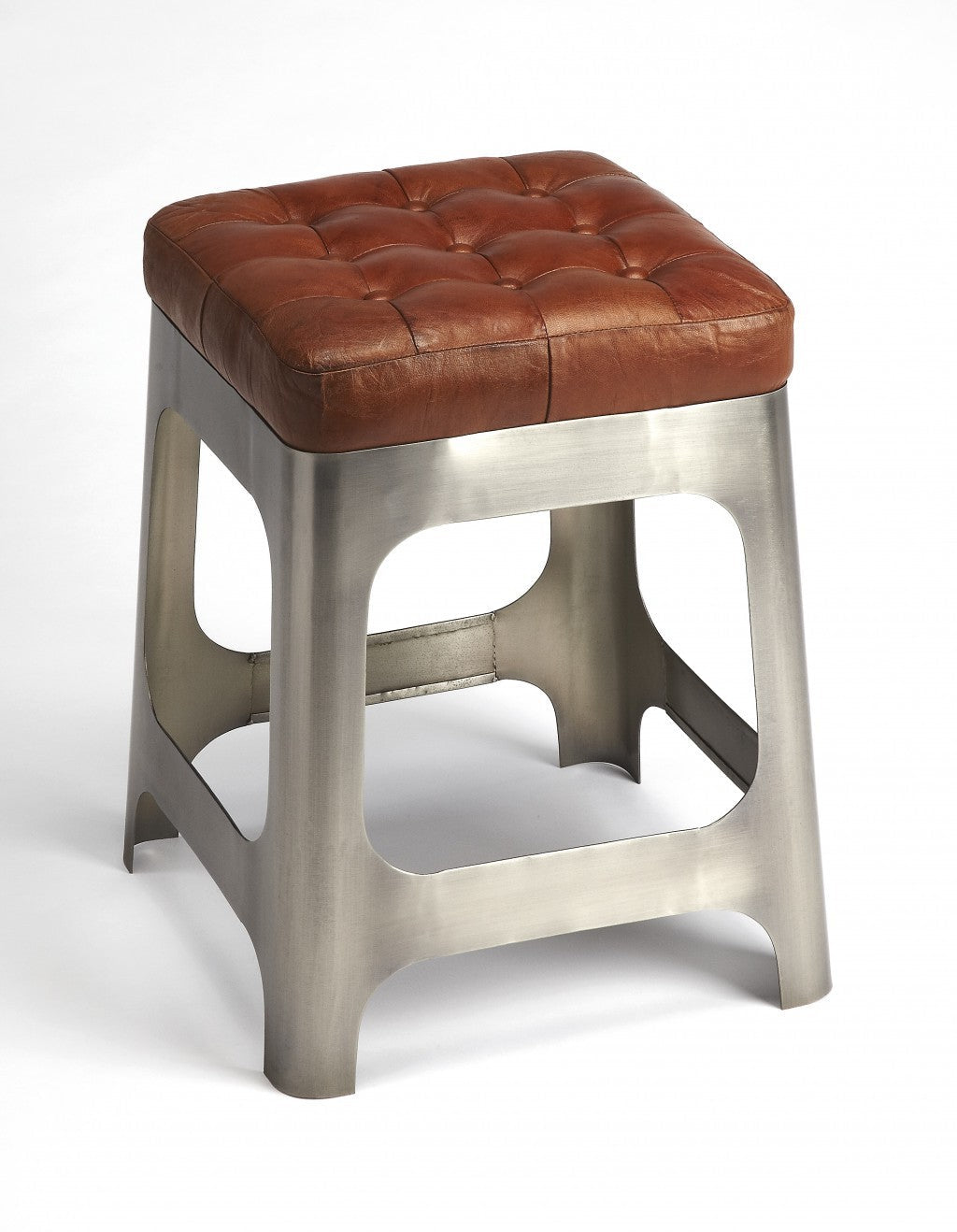 HomeRoots 20" Leather And Iron Backless Bar Chair With Footrest in Brown and Silver Finish