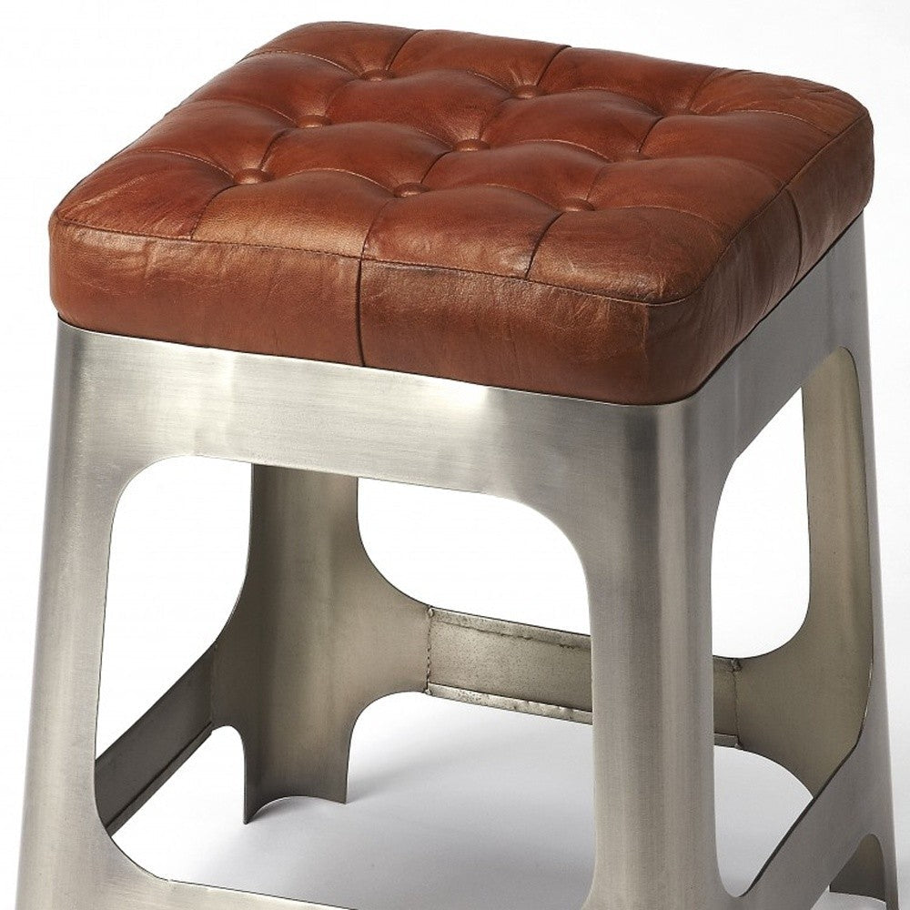 HomeRoots 20" Leather And Iron Backless Bar Chair With Footrest in Brown and Silver Finish