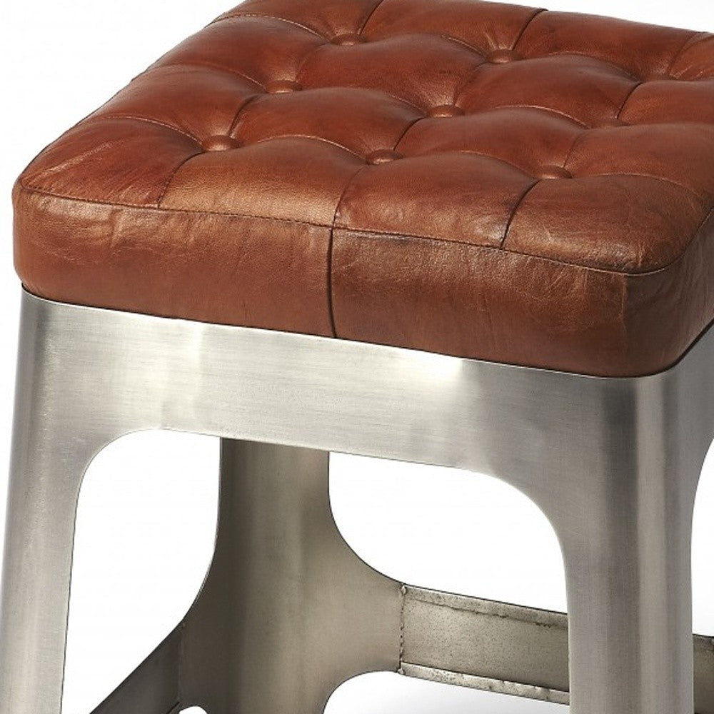 HomeRoots 20" Leather And Iron Backless Bar Chair With Footrest in Brown and Silver Finish