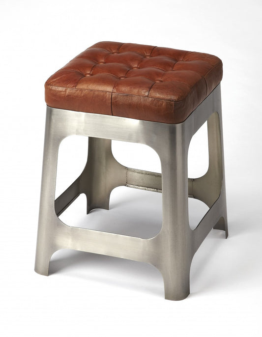 HomeRoots 20" Leather And Iron Backless Bar Chair With Footrest in Brown and Silver Finish