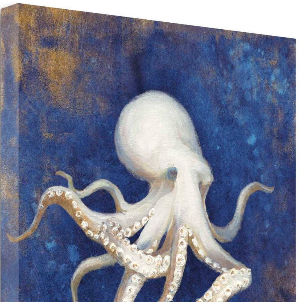 HomeRoots 20" Rustic Deep Blue and Gold Octopus Giclee Wrap Canvas Wall Art