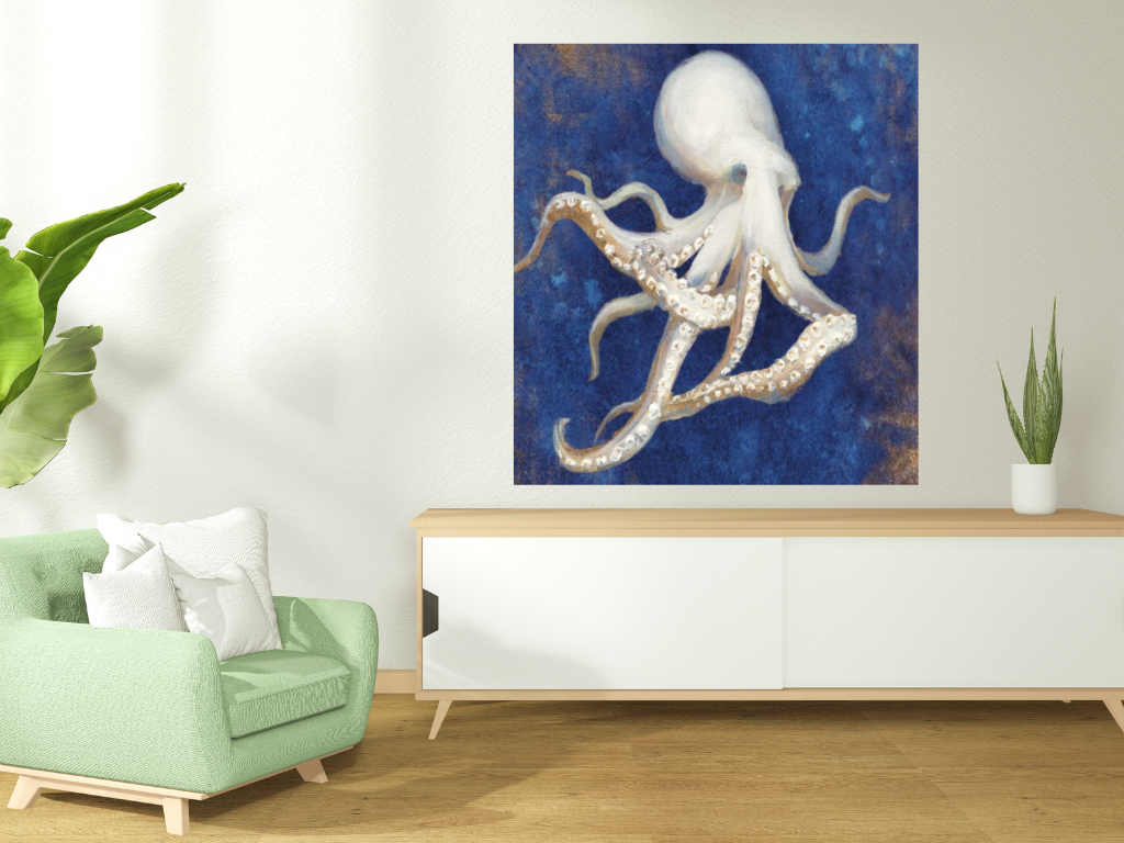 HomeRoots 20" Rustic Deep Blue and Gold Octopus Giclee Wrap Canvas Wall Art