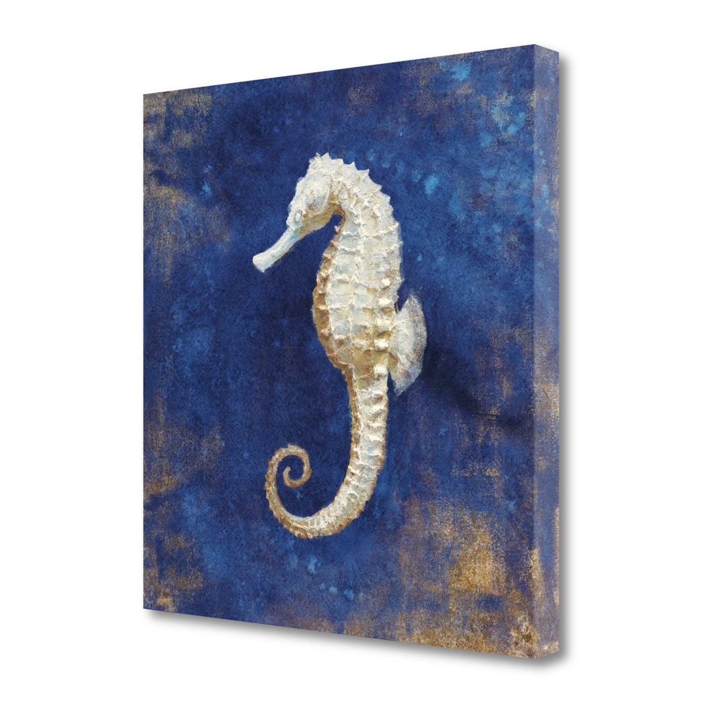HomeRoots 20" Rustic Deep Blue and Gold Seahorse Giclee Wrap Canvas Wall Art