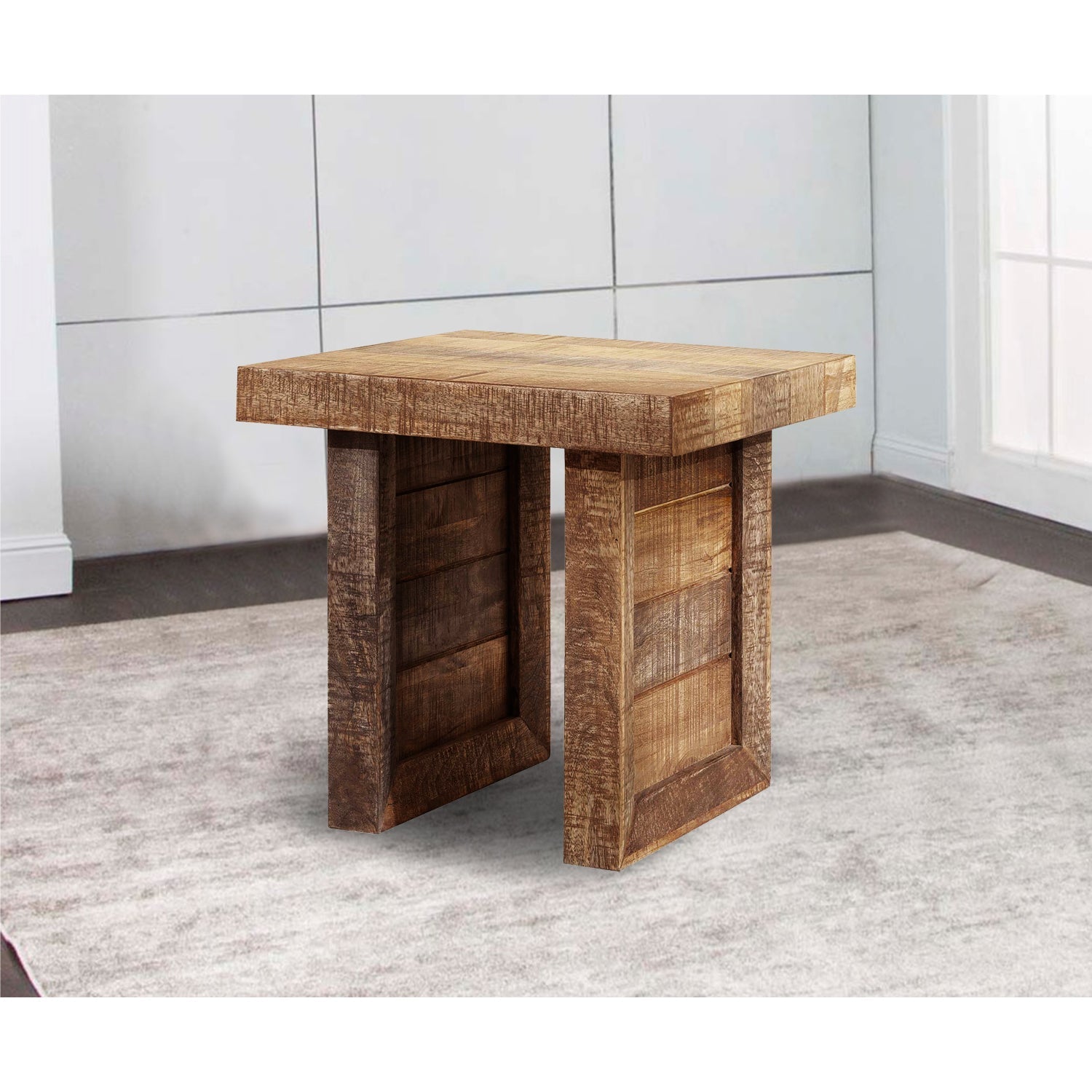 HomeRoots 20" Solid Wood Butcher Block Style End or Side Table in Brown Finish