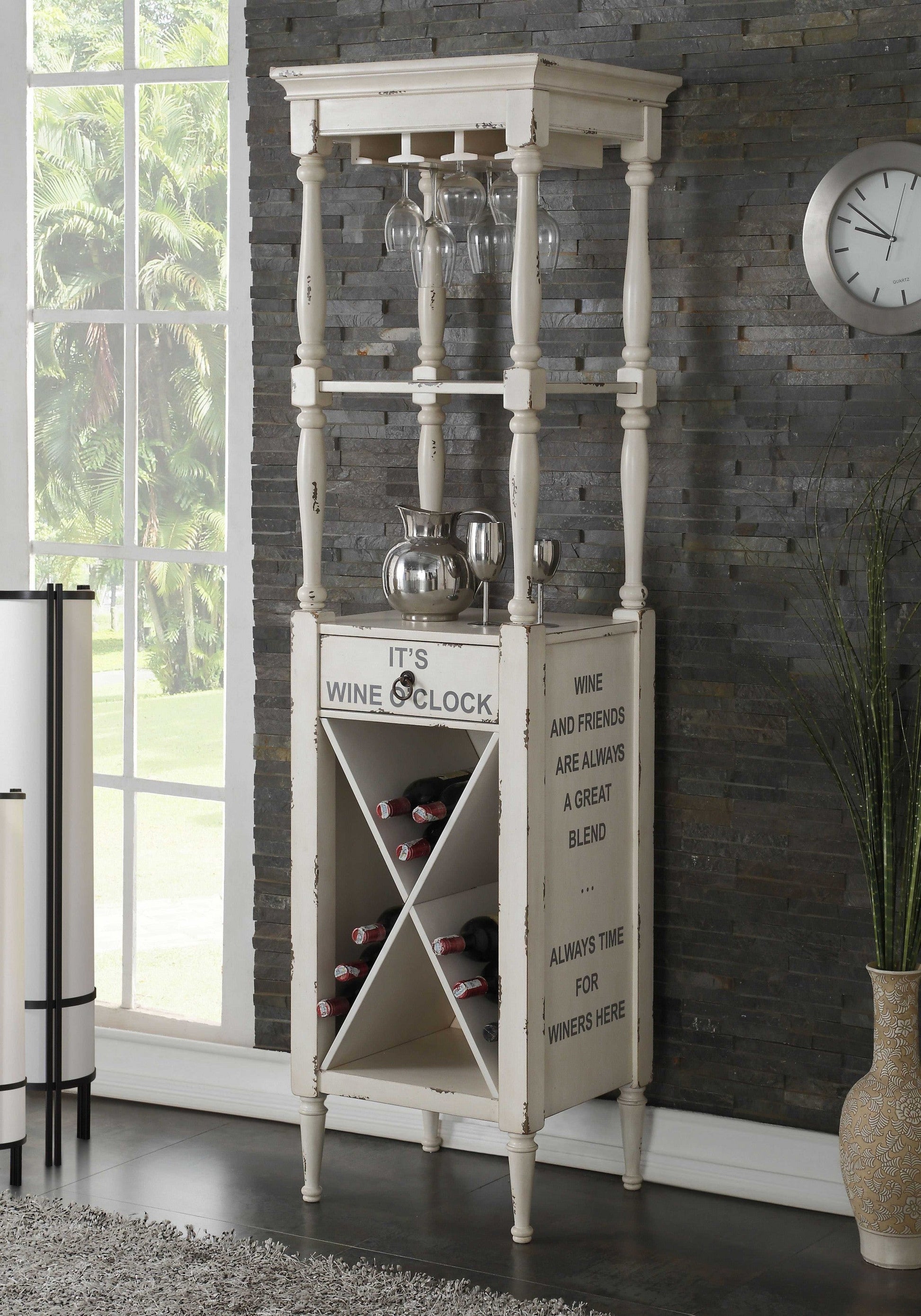 HomeRoots 20' x 18' x 73' Antique White Wood Wine Cabinet