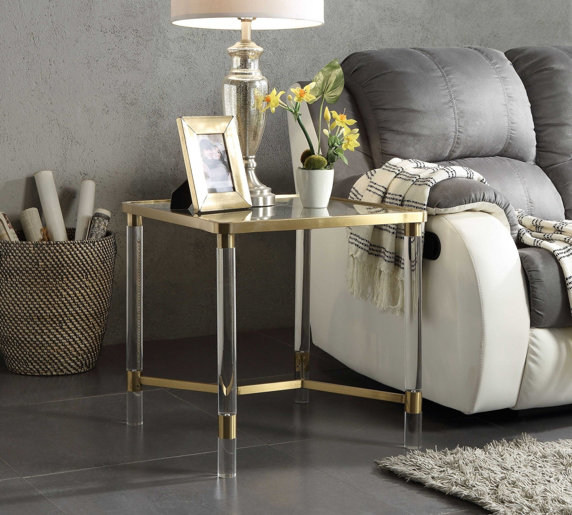 HomeRoots 20" x 20" x 24" Stainless Steel Clear Acrylic And Glass End Table