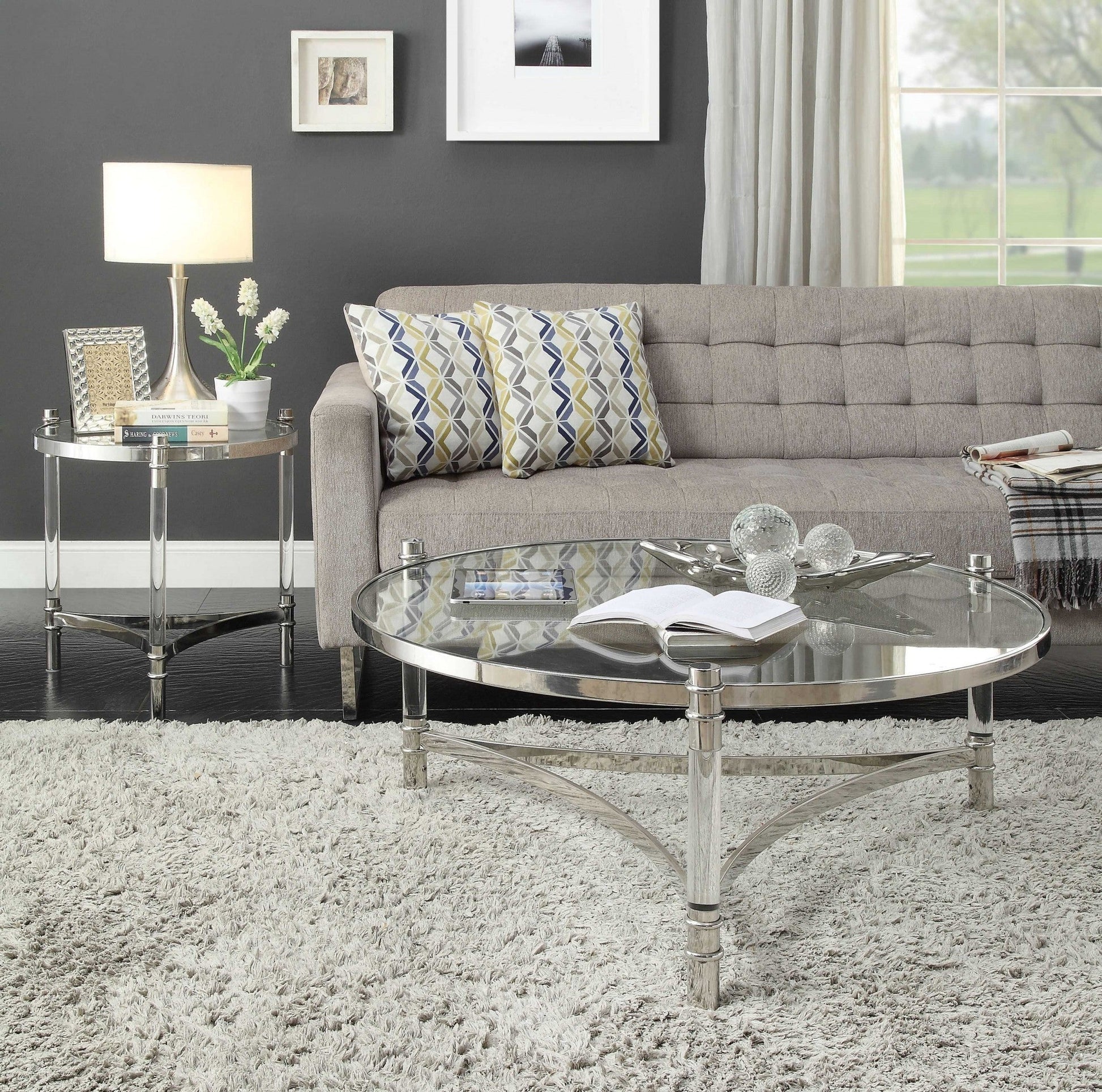 HomeRoots 20" x 20" x 24" Stainless Steel Clear Acrylic And Glass End Table