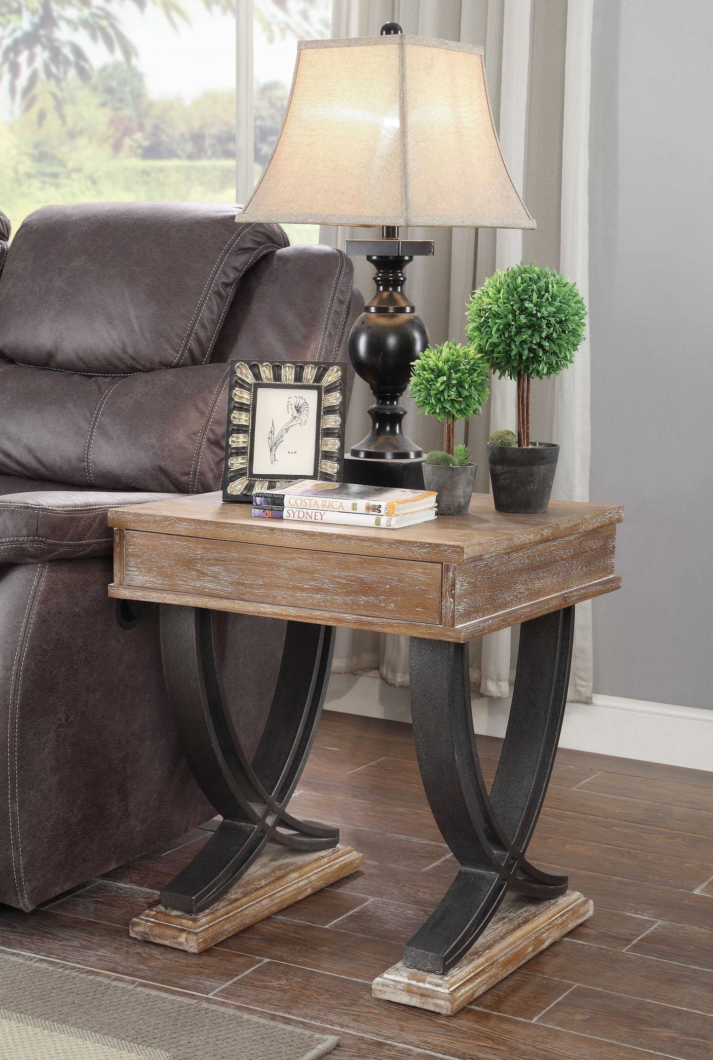 HomeRoots 20" x 22" x 25" Black Wood Metal End Table With Antique Oak Finish