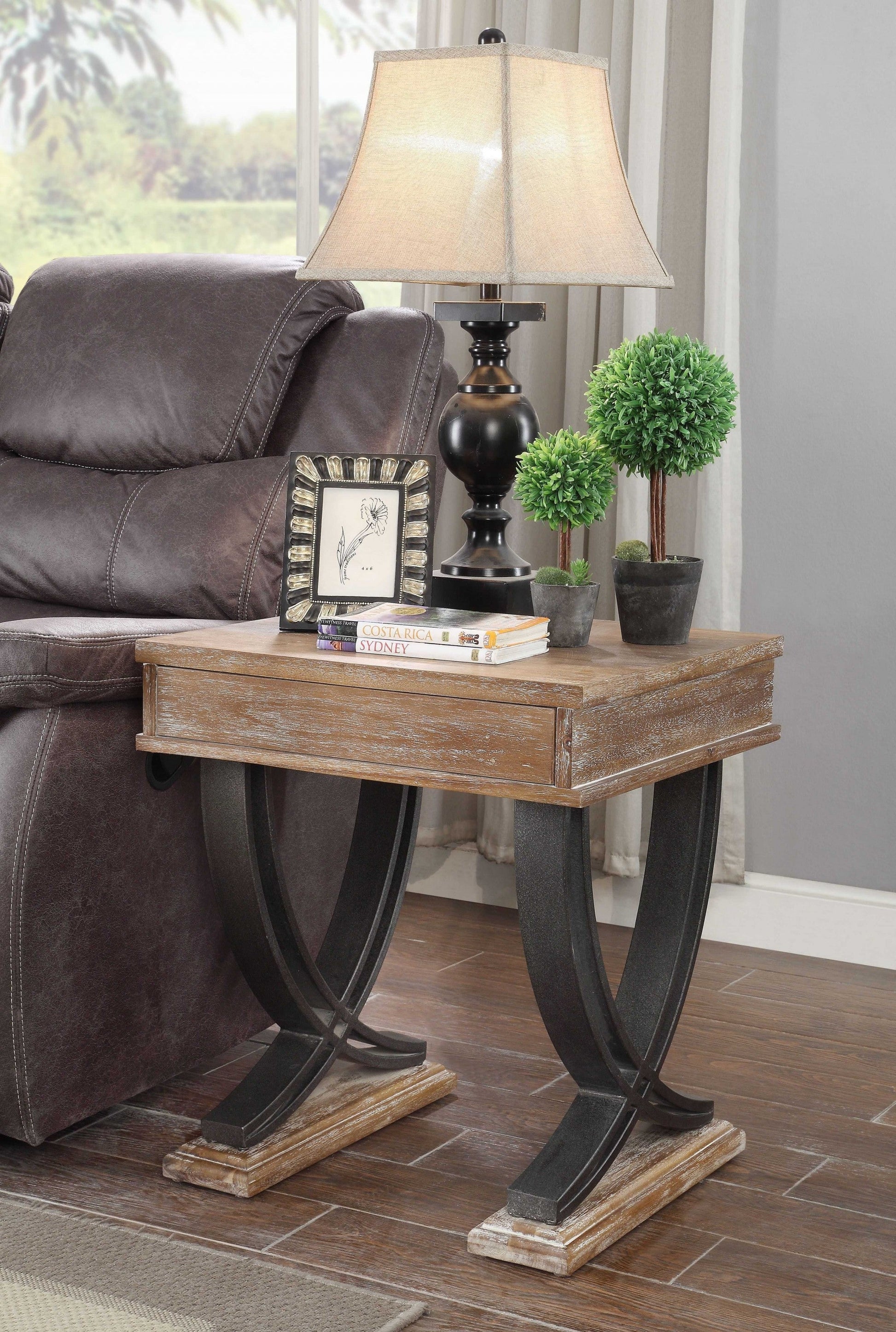 HomeRoots 20" x 22" x 25" Black Wood Metal End Table With Antique Oak Finish