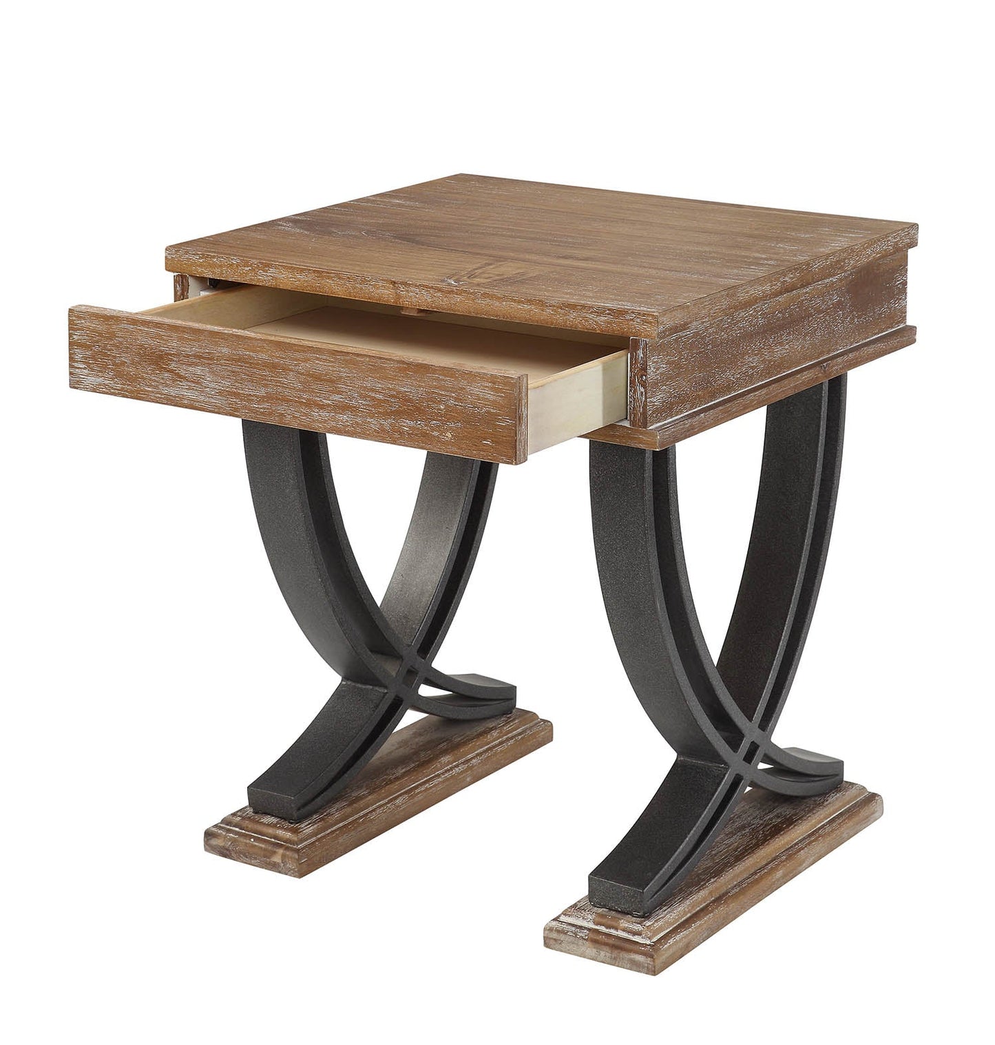 HomeRoots 20" x 22" x 25" Black Wood Metal End Table With Antique Oak Finish