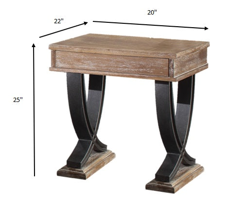 HomeRoots 20" x 22" x 25" Black Wood Metal End Table With Antique Oak Finish
