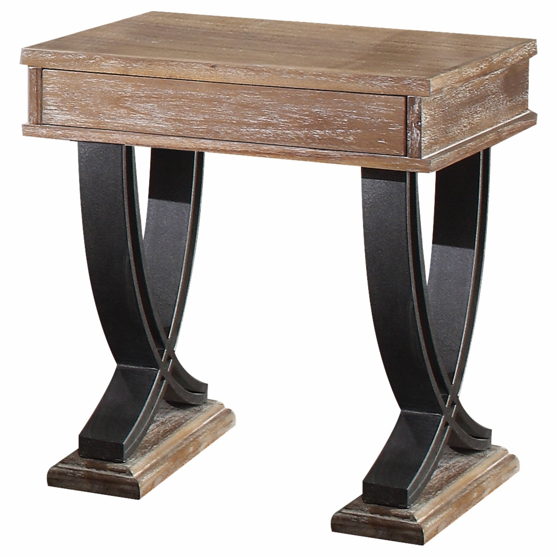 HomeRoots 20" x 22" x 25" Black Wood Metal End Table With Antique Oak Finish