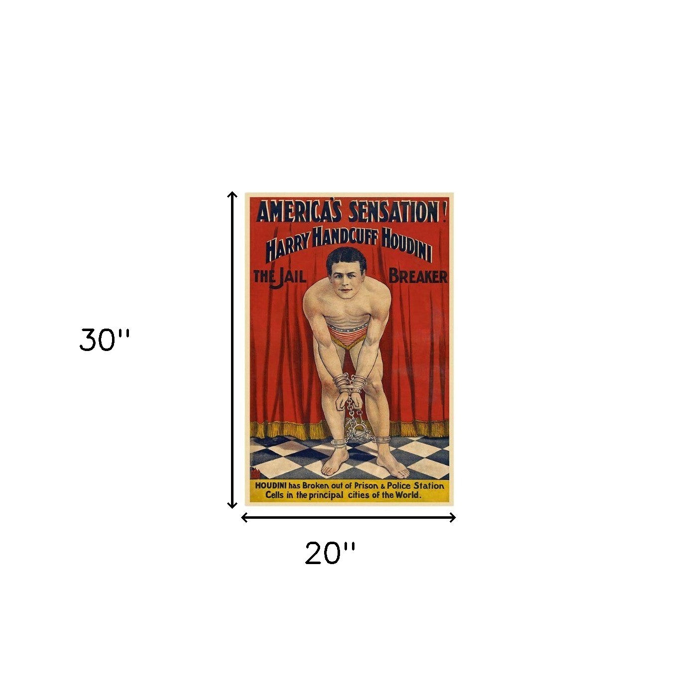 HomeRoots 20" x 30" Houdini in Handcuffs Vintage Magic Poster Wall Art