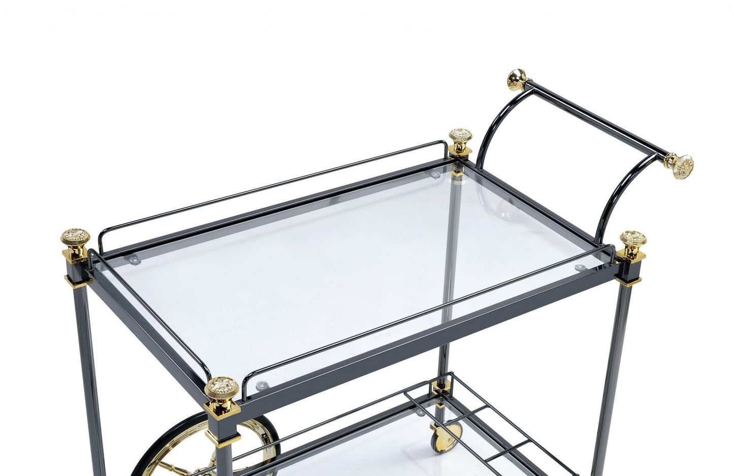 HomeRoots 20" x 31" x 31" Metal Casters Serving Cart in Black Gold and Clear Glass Finish