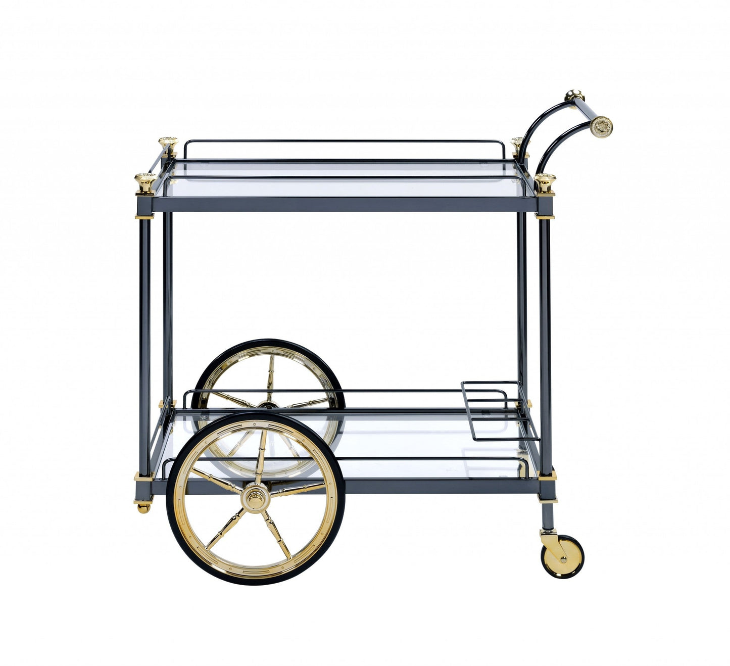 HomeRoots 20" x 31" x 31" Metal Casters Serving Cart in Black Gold and Clear Glass Finish