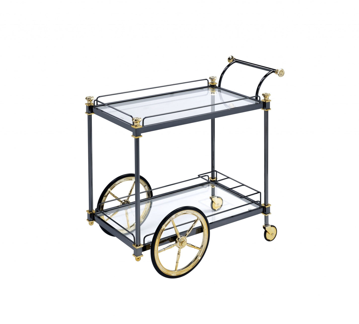 HomeRoots 20" x 31" x 31" Metal Casters Serving Cart in Black Gold and Clear Glass Finish