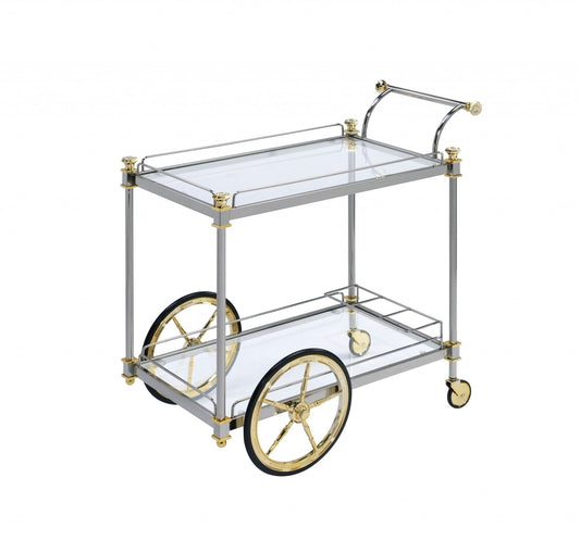 HomeRoots 20" x 31" x 31" Metal Casters Serving Cart in Silver Gold and Clear Glass Finish