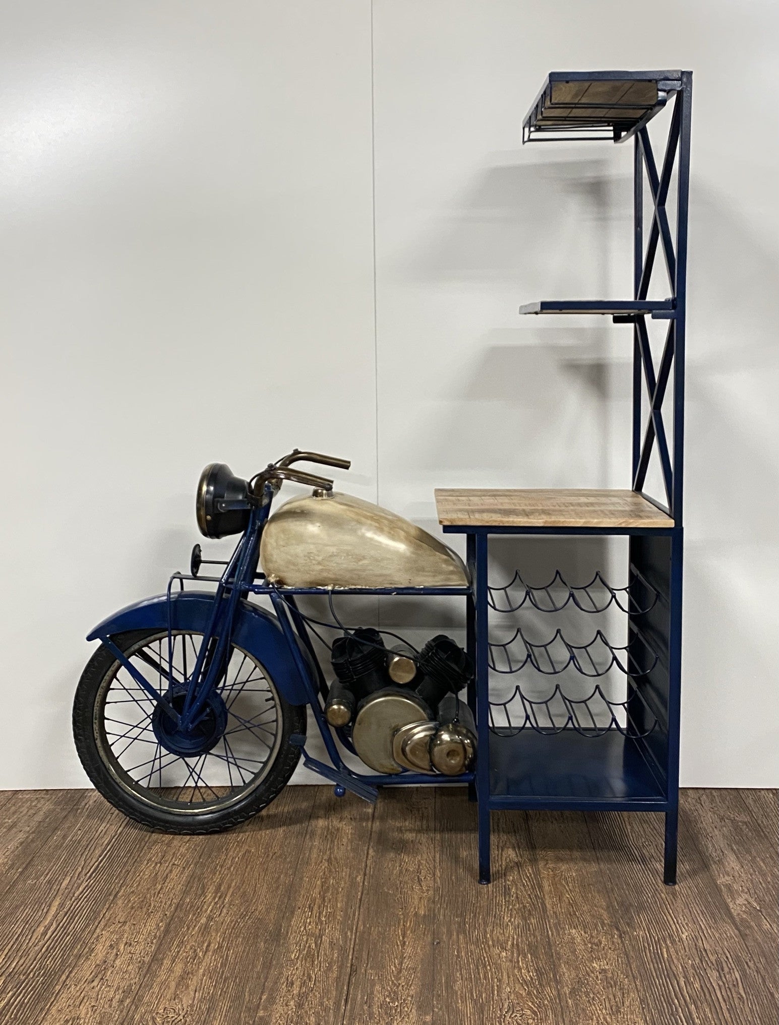 HomeRoots 20.5" x 58" x 71" Half-Bike Bar in Antiqued Blue Finish