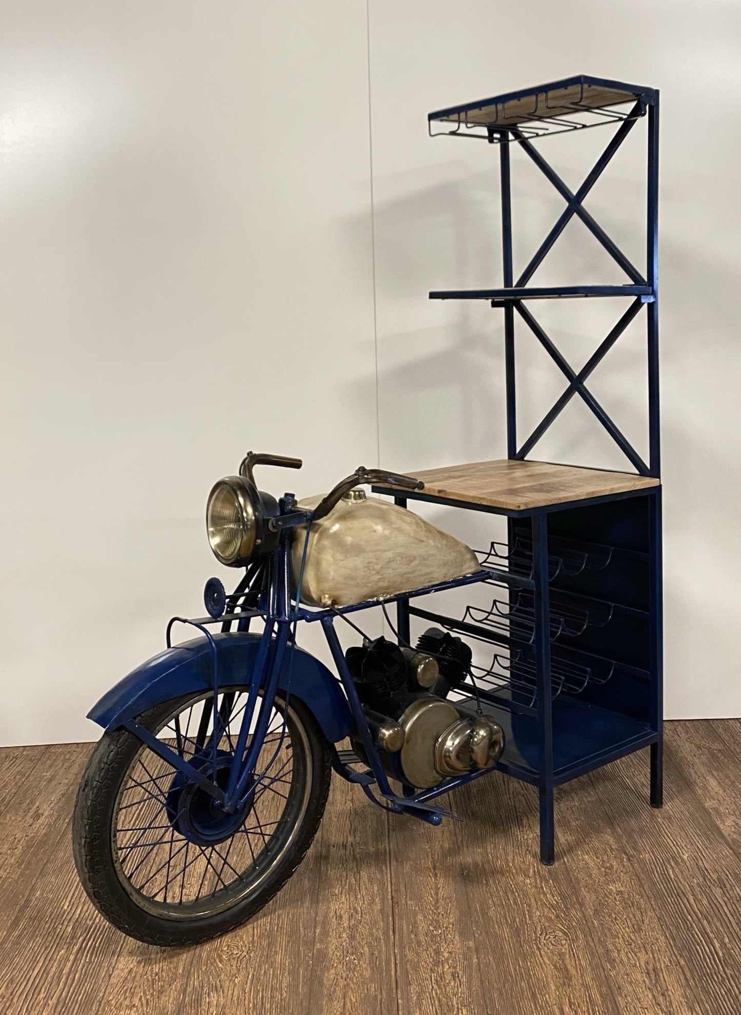 HomeRoots 20.5" x 58" x 71" Half-Bike Bar in Antiqued Blue Finish
