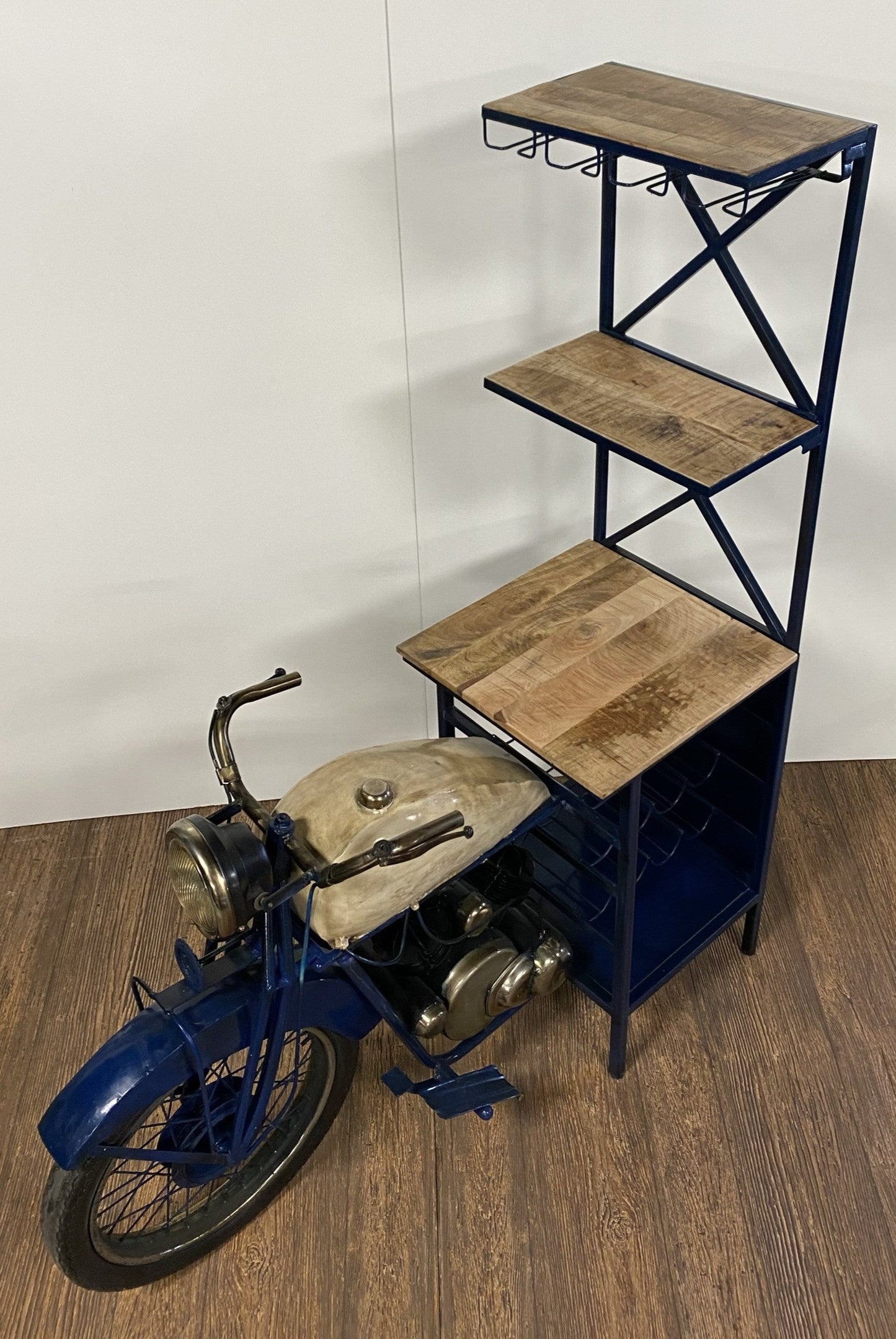 HomeRoots 20.5" x 58" x 71" Half-Bike Bar in Antiqued Blue Finish