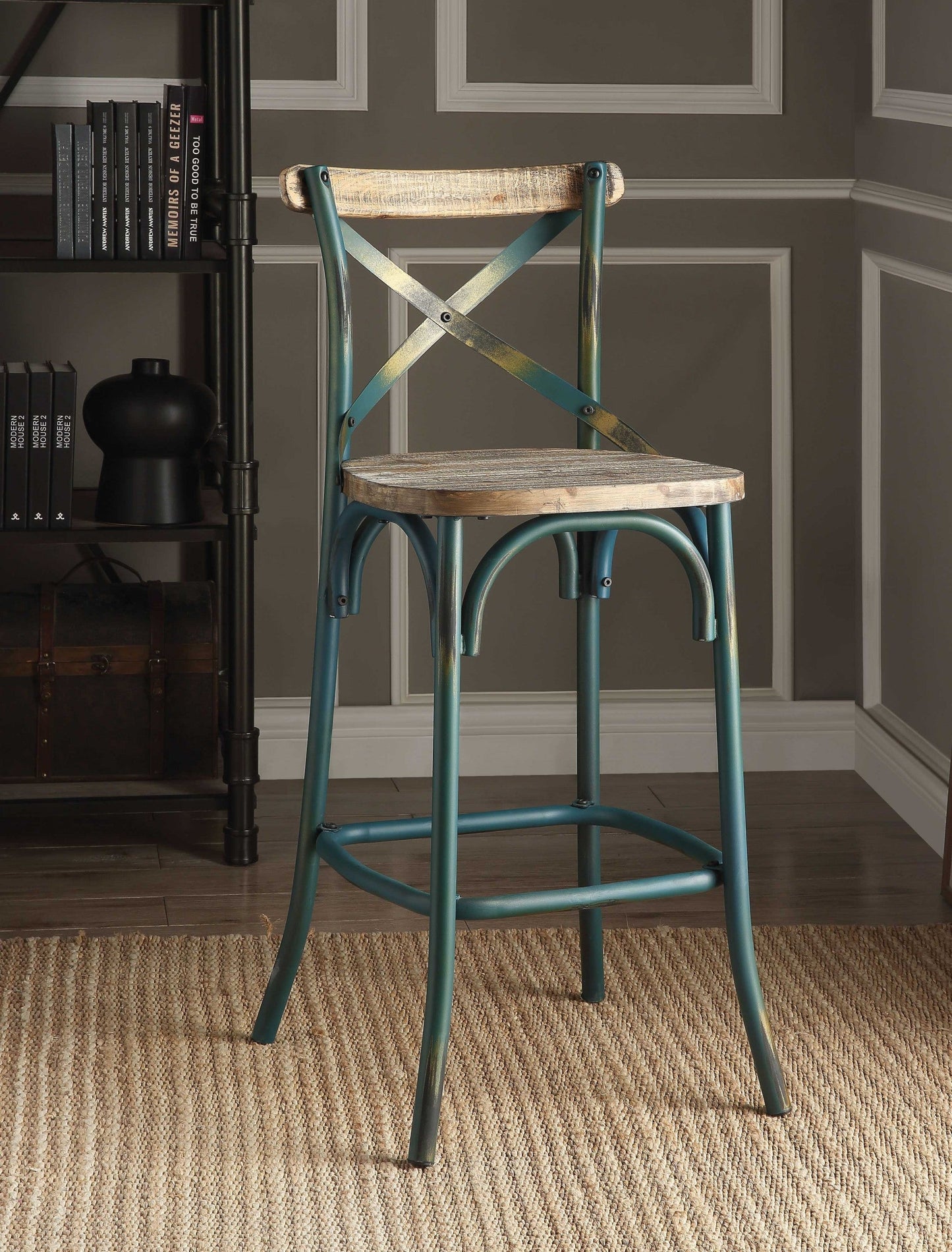 HomeRoots 21" Brown And Turquoise Iron Bar Chair