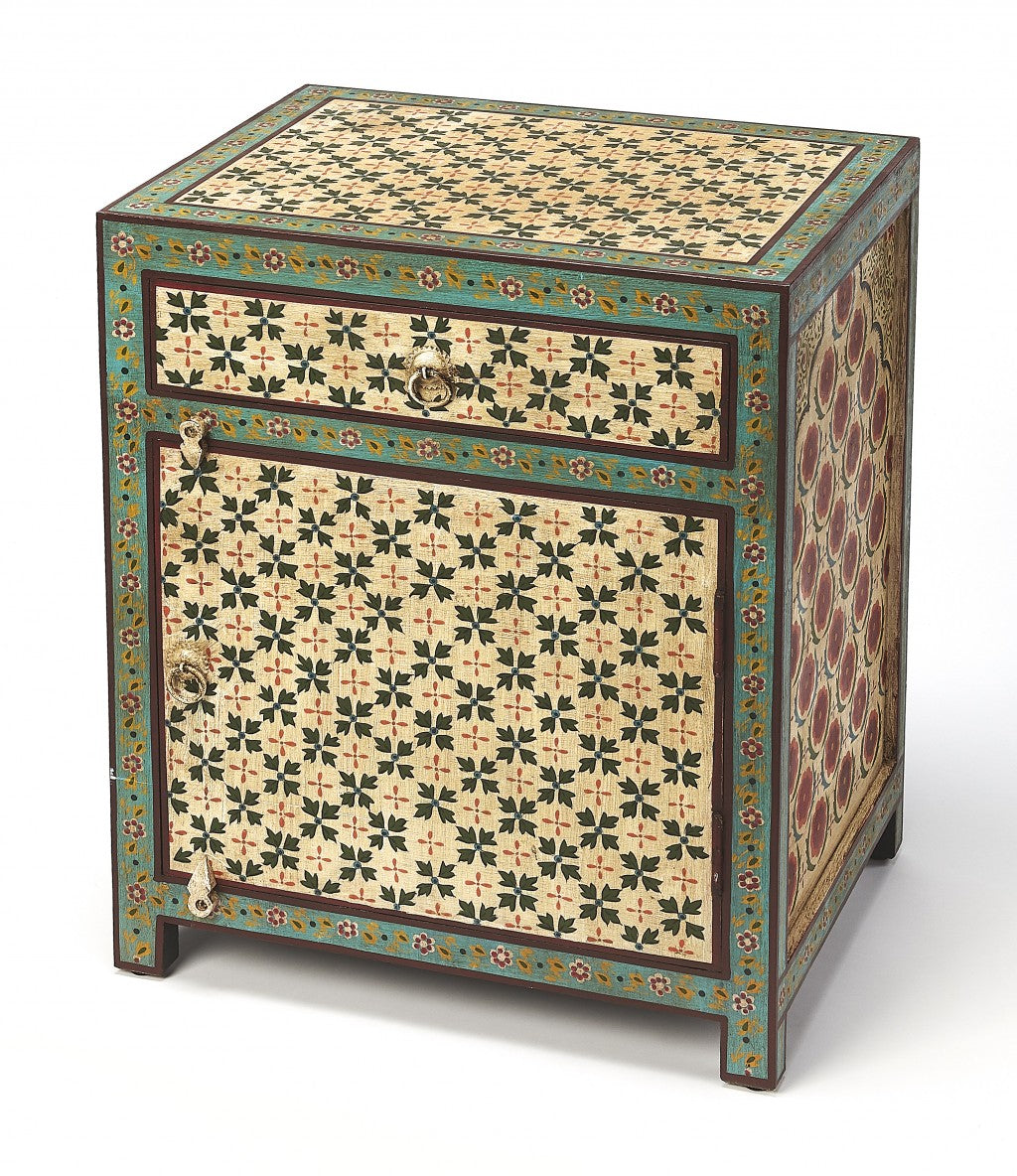 HomeRoots 21" Brown Standard Accent Cabinet With One Drawer in Green and Ivory Finish