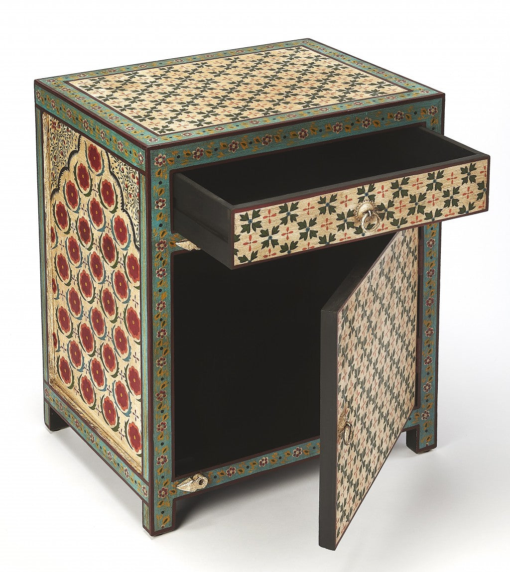 HomeRoots 21" Brown Standard Accent Cabinet With One Drawer in Green and Ivory Finish