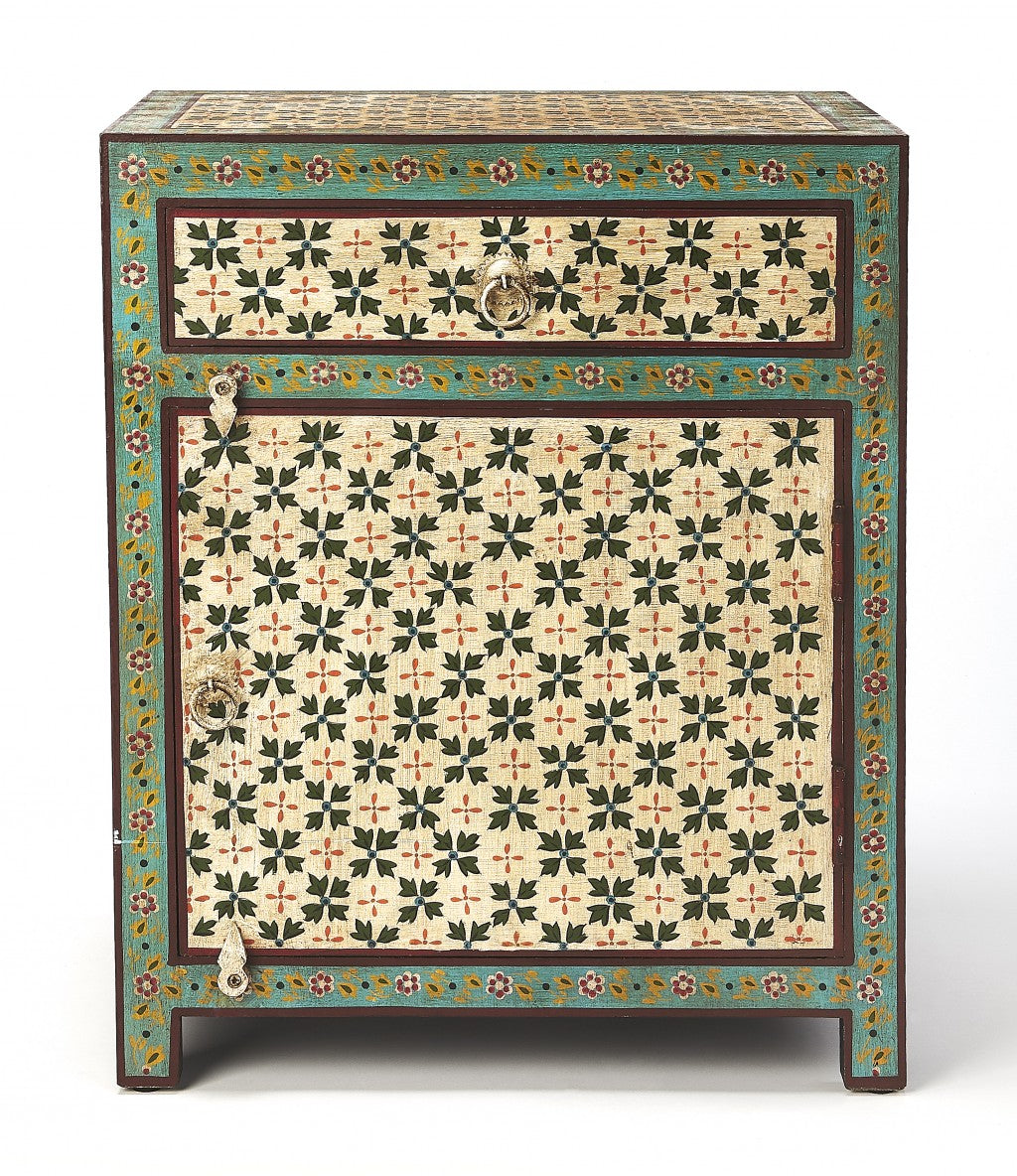 HomeRoots 21" Brown Standard Accent Cabinet With One Drawer in Green and Ivory Finish