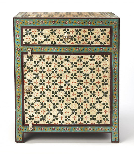 HomeRoots 21" Brown Standard Accent Cabinet With One Drawer in Green and Ivory Finish