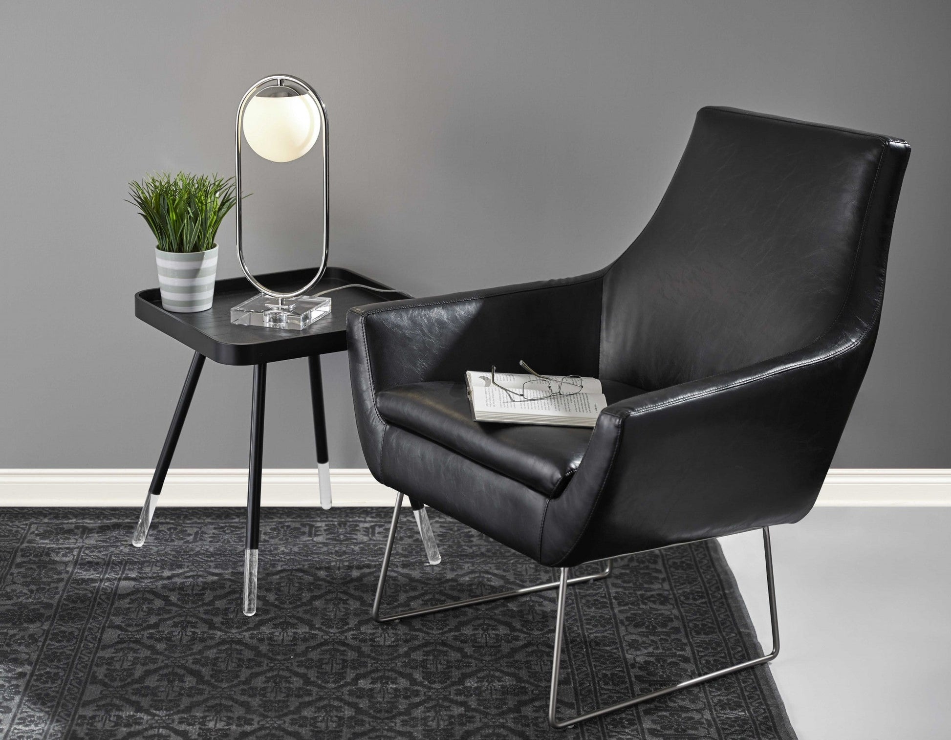 HomeRoots 21" Contemporary Wood Grain Tray Top Side End Table in Matte Black Finish