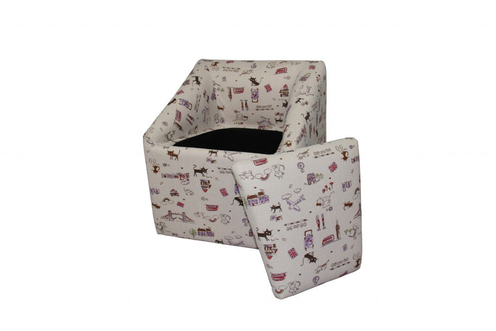 HomeRoots 21" Modern Beige Whimsical Cats in London Cubed Accent Storage Chair